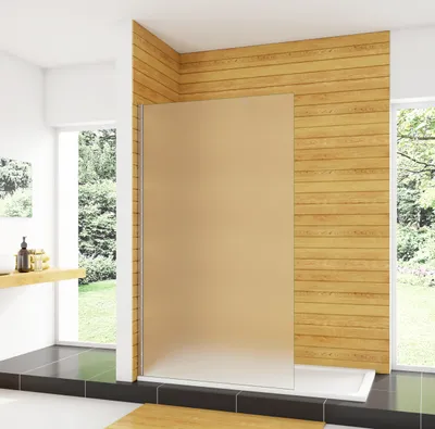 A modern bathroom with a walk-in shower and wooden wall panels.