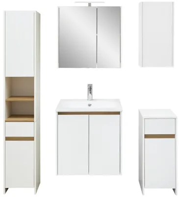 Produktbild von Badmöbel-Set, Quickset 100, Pelipal, Waschtisch, LED-Spiegelschrank, Hängeschrank, Unterschrank und Hochschrank, Weiß