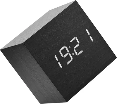 Produktbild von Digitaler Wecker aus Holz, 6 x 6 x 6 cm, LED-Temperaturanzeige, Sprachsteuerung, schwarzes Holz