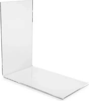 A clear, well-lit product shot of an L-shaped clear acrylic bookend on a white background.