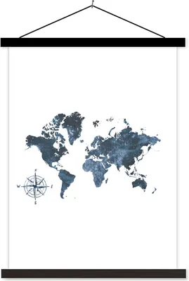 Produktbild von MuchoWow® Textilposter Weltkarte - Blau - Weiß 120x160 cm mit schwarzem Rahmen - Magnetischer