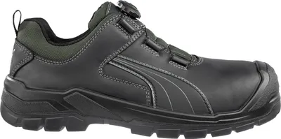 A side view of a black Puma safety shoe.