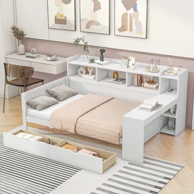 Obrázek produktu pro Rozkládací pohovka AIORBER, 90 x 200 cm, se zásuvkou a připojením USB, 2 zásuvky, rám nočního stolku (bez matrace), do ložnice, dětského pokoje, bílá