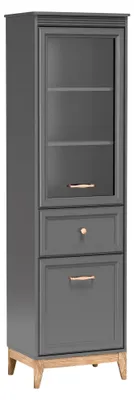 Produktbild von Vitrine Schmal - 55 x 193 cm - Diamantgrau - Soft-Close - Glasschrank mit Schublade - Griffe Roségold - Modern Classic - TERRA