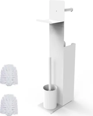 Image de Ensemble de salle de bains Relaxdays, H x l x P : 67 x 22 x 12 cm, porte-papier hygiénique sur pied, brosse de toilettes, porte-rouleaux de rechange, tablette, blanc