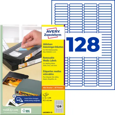 Produktbild von Avery Zweckform L6020REV-25 Etiketten für Speichermedien, 43,2 x 8,5 mm, 25 Blatt/3.200 Etiketten, weiß