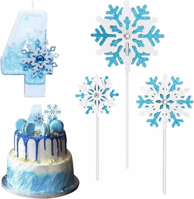 Productafbeelding van Verjaardagskaars, cijferkaars, 4 jaar, meisjes, blauw en wit, kaarsen in sneeuwvlokvorm voor meisjestaart, verjaardagstaartdecoraties met sneeuwthema