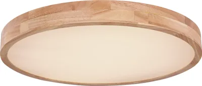 A round ceiling light with a wooden frame and a white diffuser.
