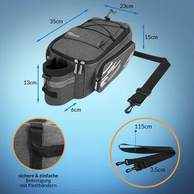 Image de Sacoche de vélo porte-bagages gris 12L imperméable réfléchissant bandoulière amovible isolant 5 poches sac de vélo arrière