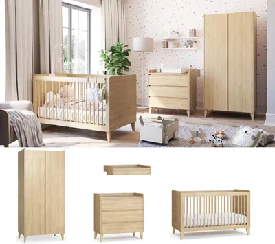 Produktbild von Kinderzimmer Babyzimmer komplett MAYA Set A Eiche geölt Schrank Kommode Bett Regal