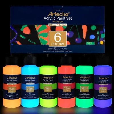 Produktbild von Artecho Fluoreszierende Farbe Leuchtfarbe 6x59 ml Glow in The Dark, Nachtleuchtend