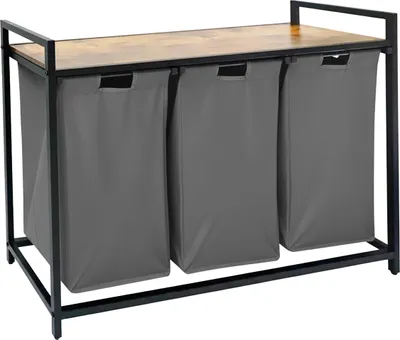 Obrázok produktu pre Relaxdays, košík na prádlo s 3 vreckami na prádlo, objem 150 litrov, vzhľad dreva, rozmery: 73,5 x 109,5 x 33 cm, šedá/prírodná farba