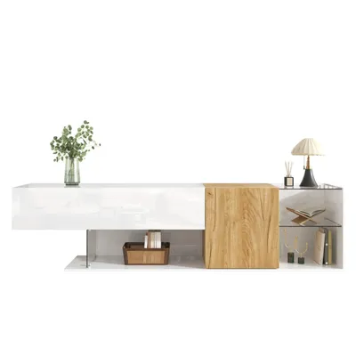 Produktbild von Moderne TV-Kommode in Hochglanz mit Holzoptik und Glasregalen – 180 cm, Stilvoller TV-Schrank mit Praktischer Aufbewahrung,Minimalistisches Design