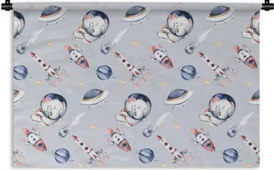 Produktbild von MuchoWow® Wandteppich Wandbehang Muster - Elefant - Rakete - Jungen - Mädchen - Kinder - Mädchen 90x60 cm Tapisserie Dekoration Wandtuch - Wandskulpturen - Bildteppich