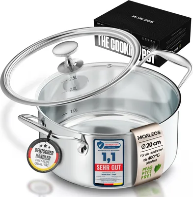 Produktbild von MORLEOS Suppentopf mit modernem, flachem Glasdeckel, 3 Liter Edelstahltopf Ø 20x10 cm - Induktion spülmaschinenfest - 5-Schicht - energiesparender kleiner Topf