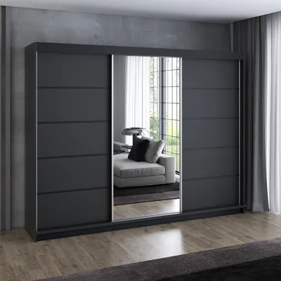 Produktbild von Schwebetürenschrank 200 cm, 3-türig, mit Spiegel & 4 Schubladen, Retro-Stil, Kleiderschrank VILUNO 2 in Schwarz /Schwarz / Schwarz