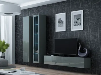 Immagine prodotto di Parete attrezzata per soggiorno con illuminazione a LED blu ASHTON 10 - grigio / grigio lucido