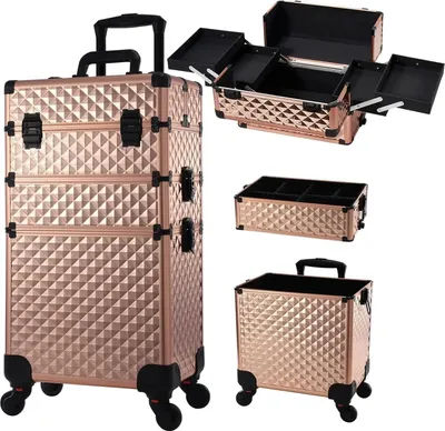 Produktbild von Rollender Schminkkoffer, große Kapazität, abnehmbare Fächer, abschließbar, Roségold