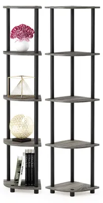 Productafbeelding van Furinno hoekdisplay met 5 niveaus, multifunctioneel wandrek, hout, eikenhoutlook grijs/zwart, 29,46 x 29,46 x 146,56 cm