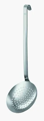 A stainless steel skimmer with a long handle and a perforated bowl.