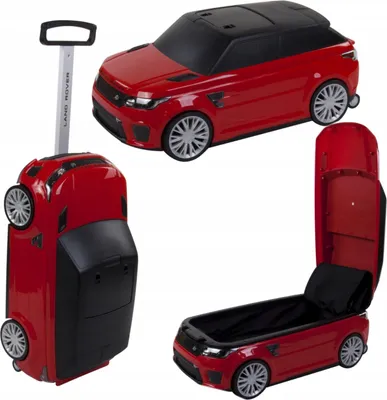 A collage of a red Land Rover car-shaped suitcase from different angles, including open and closed views, and a separate view of the car's front.