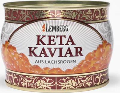 A close-up studio shot of a can of Lemberg Keta Kaviar.