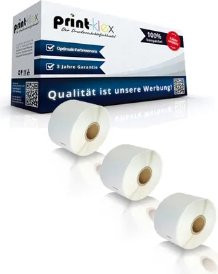 A product shot of three rolls of labels in front of their packaging.