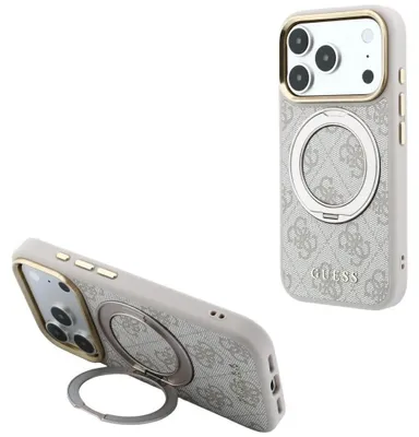 Immagine prodotto di Custodia per iPhone 18 Pro Max / 17 Pro Max, marca Guess, con supporto ad anello rotante a 360 4G, logo classico e compatibile con MagSafe, colore rosa