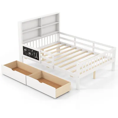 Immagine prodotto di Letto per bambini COSTWAY letto matrimoniale con 2 cassetti, libreria, pannello e protezione anticaduta e rete a doghe, letto per ragazzi letto in legno 140x200cm per bambini bianco