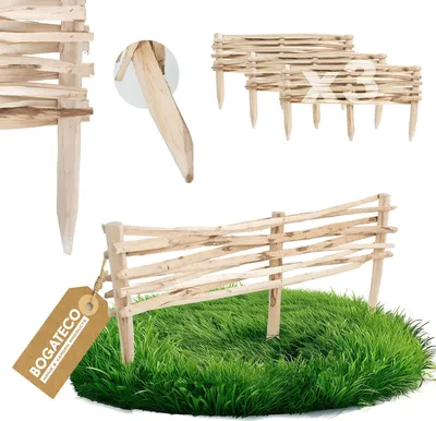 Produktbild von BOGATECO 3x Gartenzaun aus Haselholz 90cm x 20cm Beeteinfassung Rasenkanten Zaun Holz Beetumrandungen Staketenzaun Beetabgrenzungen Steckzaun Perfekt als Beet-Umrandung oder Weg-Abgrenzung