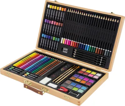 Produktbild von ECD Germany Malset mit Holzkoffer, 109-Teilig, 43x26,5x5 cm, Braun, Kunst- und Zeichenset, Farbstifte Wasserfarben Ölpastellkreiden und viel Zubehör, Malkasten Zeichnen Künstler Set
