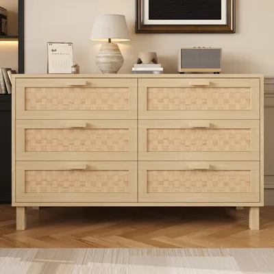 Produktbild von Merax Sideboard Kommode in Rattanoptik mit 6 Schubladen, Schlafzimmerschrank aus Naturholz mit Stauraum, für Schlafzimmer Wohnzimmer, Holzfarbe