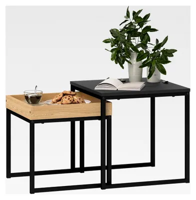 Produktbild von Couchtisch 2er Set Quadratischer Beistelltisch mit Abnehmbarem Tablett, Stahlgestell für Wohnzimmer und Schlafzimmer, Schwarz+Eiche