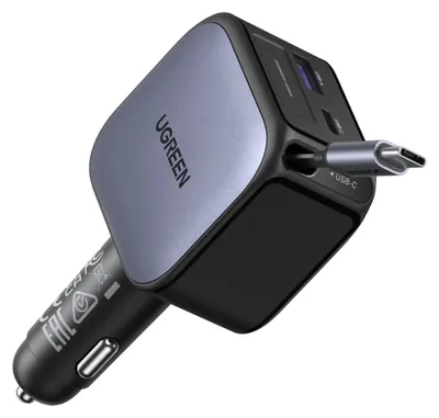 Produktbild von UGREEN EC602 60W Fast Car Charger KFZ-Ladegerät 1x USB-A 1x USB-C 1x ausziehbares USB-C Kabel PD3.0/QC3.0 Fast Charging