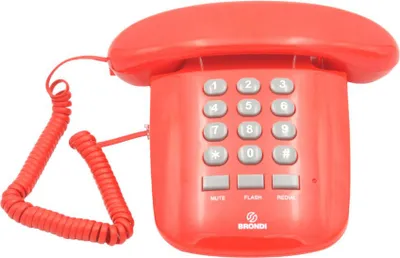 A red corded telephone with a keypad and handset is shown against a white background.