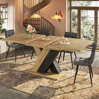 Produktbild von Esstisch Ausziehbar mit X-Förmige Tischbeine für 4-6 Personen, Esszimmertische Küchentisch mit Holzmaserung Tischplatte, Holzfarbener Tisch Esszimmertisch Ausziehbar, 119-158.5x80x75 cm