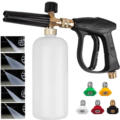 Produktbild von Auto Waschpistole mit Schaumkanister - Gartenschlauch Spritzpistole 5 Düsen - Hochdruck Wassersprüher - Autowäsche Garten Terrasse Garage