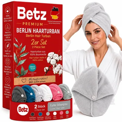 Produktbild von Betz Frottee Turban Berlin – 2er Set Haarturban aus 100% Baumwolle – Turban Handtuch mit Knopfverschluss – ideal für Bad & Wellness Farbe Silbergrau