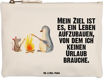 Produktbild von Mr. & Mrs. Panda Kulturtasche Pinguin Lagerfeuer Größe M - Weiß - Geschenk, Pouch, beauty tasche, Kosmetiktasche, Liebe, Job, Arbeit, Baumwollbeutel, Kulturbeutel