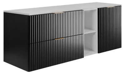 Produktbild von Rodan Waschbeckenunterschrank 120cm - Geriffelt Schwarz - Weiße Platte & Regal - FLOW