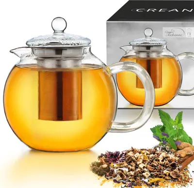 Produktbild von Creano Teekanne aus Glas 1,3l, 3-Teilige Glasteekanne mit Integriertem Edelstahl-Sieb und Glas-Deckel, Ideal zur Zubereitung von Losen Tees, tropffrei, All-in-One