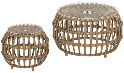 Zdjęcie produktu dla Zestaw 2 stolików pomocniczych z polirattanu, okrągłe, Ø 66/42 cm, odporne na warunki atmosferyczne, z szklanym blatem, kolor brązowy