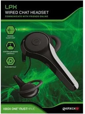 The image shows the packaging of a Gioteck LP-X Wired Chat Headset for Xbox One. The packaging features a prominent image of the headset and highlights its key features with icons and text.