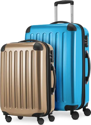 Produktbild von Alex - 2er Set Handgepäck + Mittelgroßer Koffer, Kofferset Resekofffer Trolleys Hartschale Polycarbonat glänzend,Cyanblau-Champagner