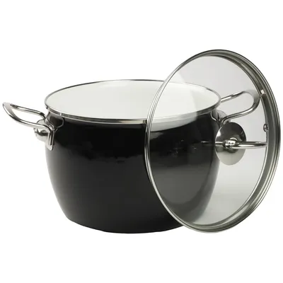 A black enamel pot with a glass lid is shown against a white background.