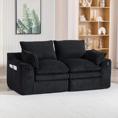 Produktbild von MODFU Zweisitzer Sofa,Modulares Sofa,Big Sofa mit Kissen & 2 Seitentaschen,Cord,Schwarz