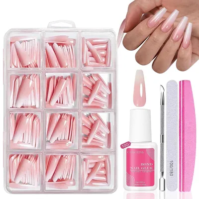 Productafbeelding van Nagelverlengingen set, 240 stuks, Franse stijl, nepnagels om te plakken, roze, lange ballerina-design