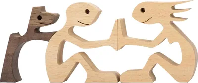 Produktbild von Holzstatue, Familie Hund und Katze, Handgefertigt, Tierskulpturen, für Zuhause