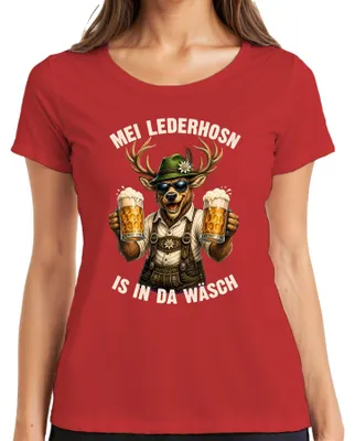 Produktbild von Mei Lederhosn is in da Wäsch Hirsch Lederhose Dirndl Damen T-Shirt, Rot, L