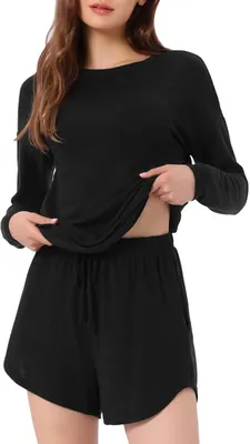 Produktbild von Damen-Loungewear-Set Trainingsanzug Schlafanzug T-Shirt Langarm Shorts Schwarz XL